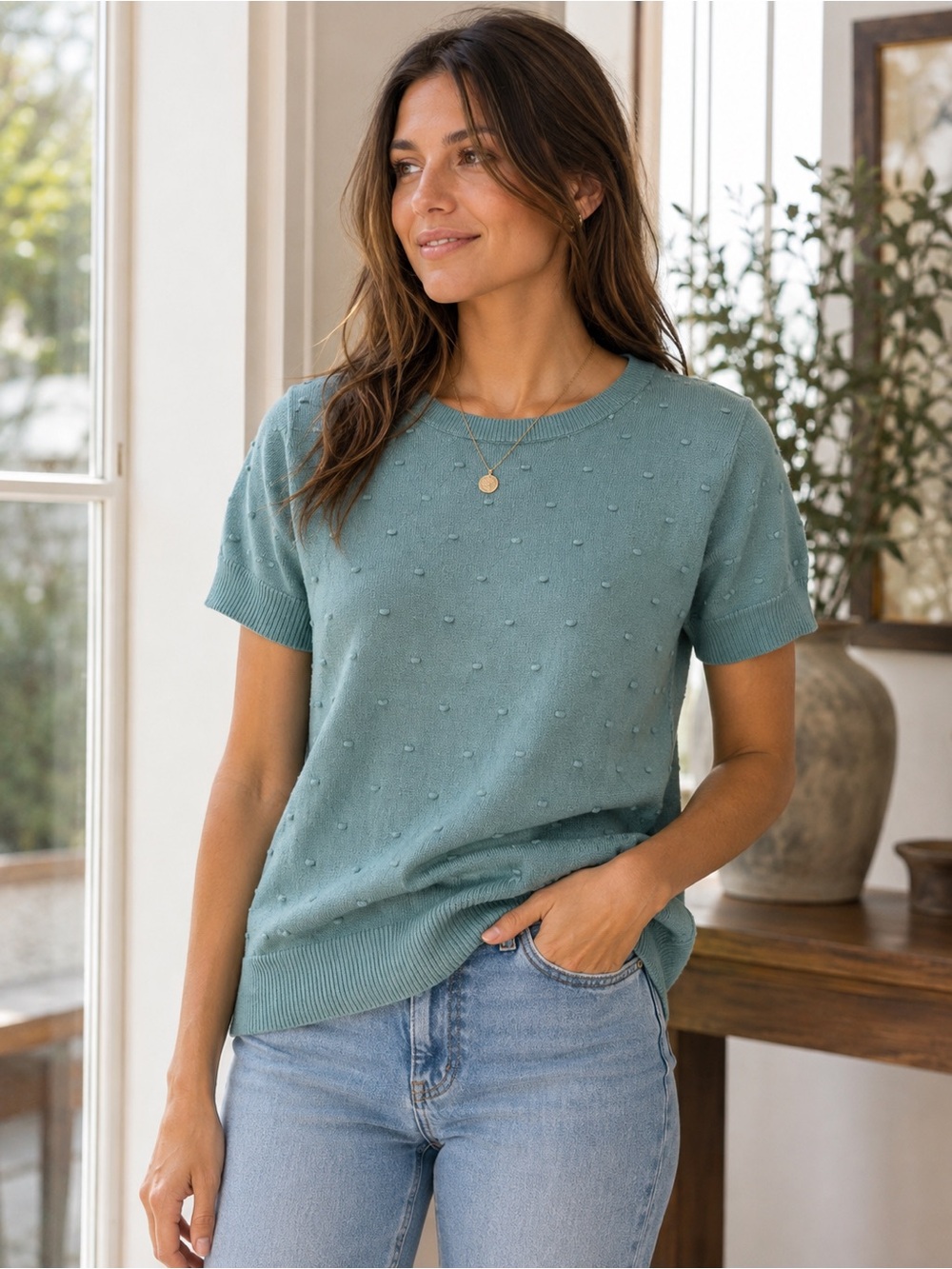 Ann Taylor Factory Teal Textured Dot Short Sleeve Sweater Top Medium